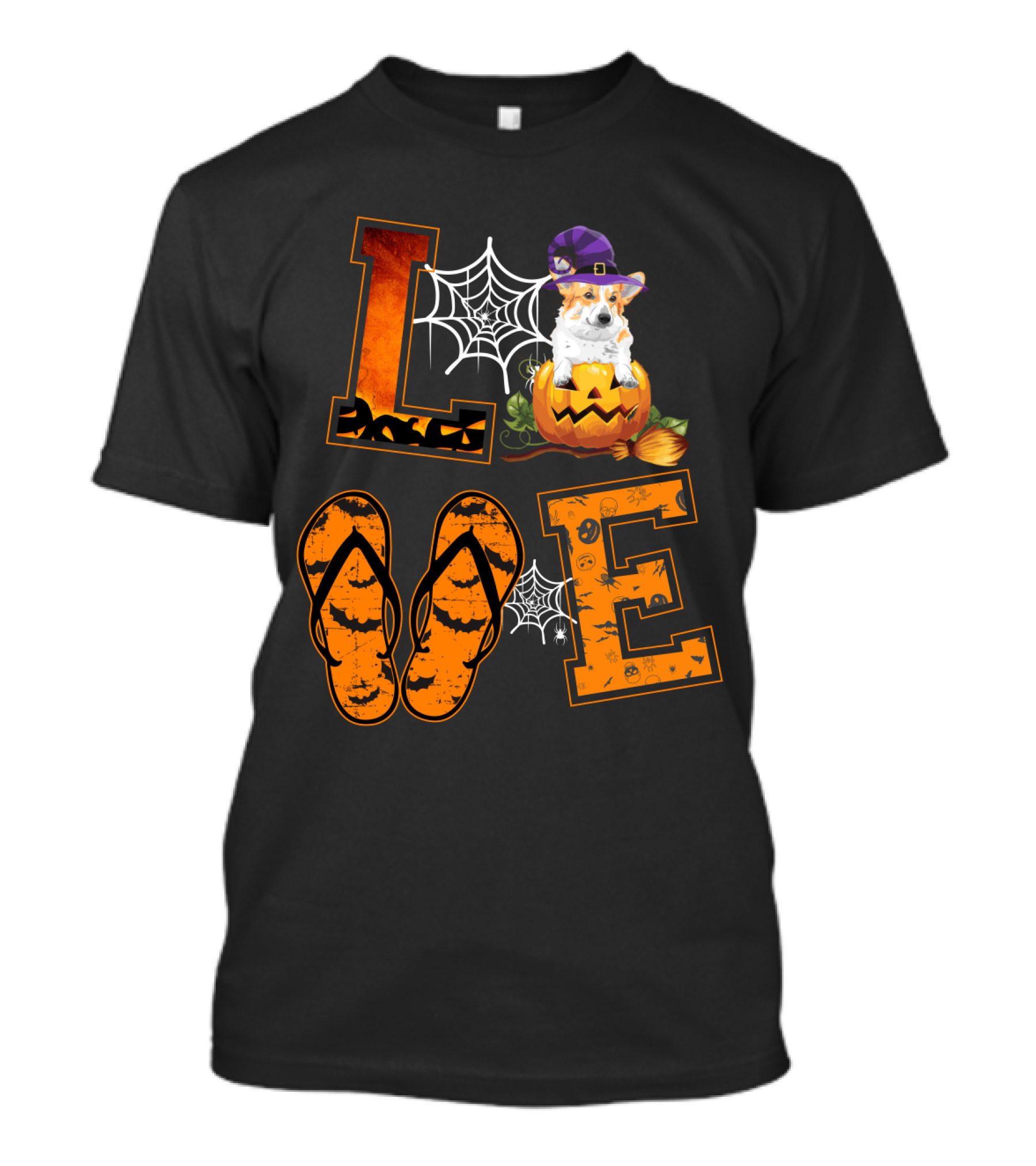 LOVE Corgi Pumpkin Witch Hat Halloween Spiderweb Flip Flops T-Shirt