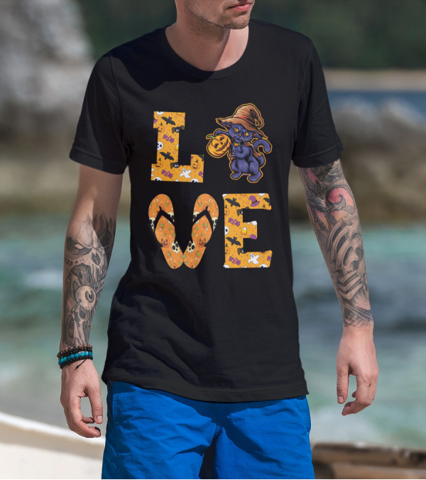 LOVE Halloween Black Cat Witch Hat Pumpkin Candy Ghost Bat Flip-Flops T-Shirt