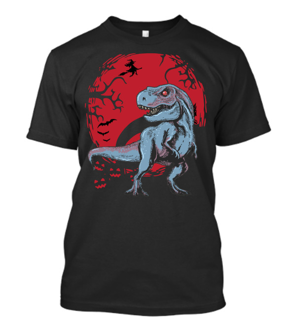 Halloween Dinosaurs T-Rex Red Moon With Witch And Bats T-Shirt