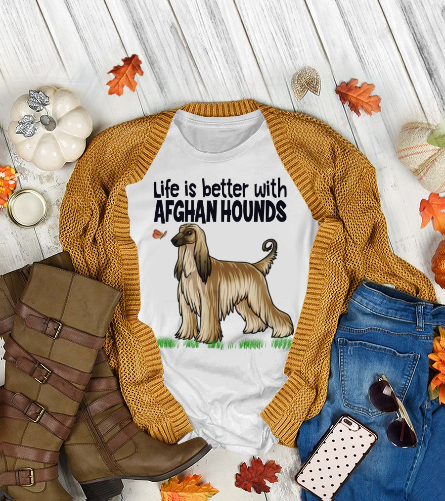 Life Is Better with Afghan Hounds Vintage Style Featuring Elegant Afghan Hound and Butterfly T-Shirt