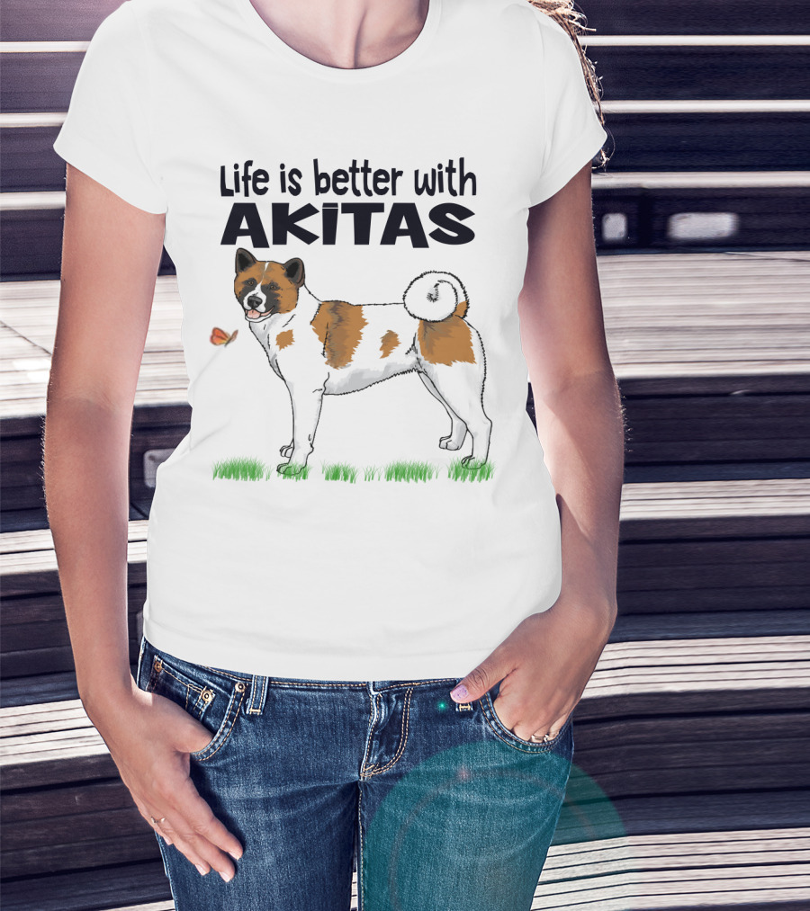 Life Is Better With Akitas Illustrated With Butterfly And Dog T-Shirt