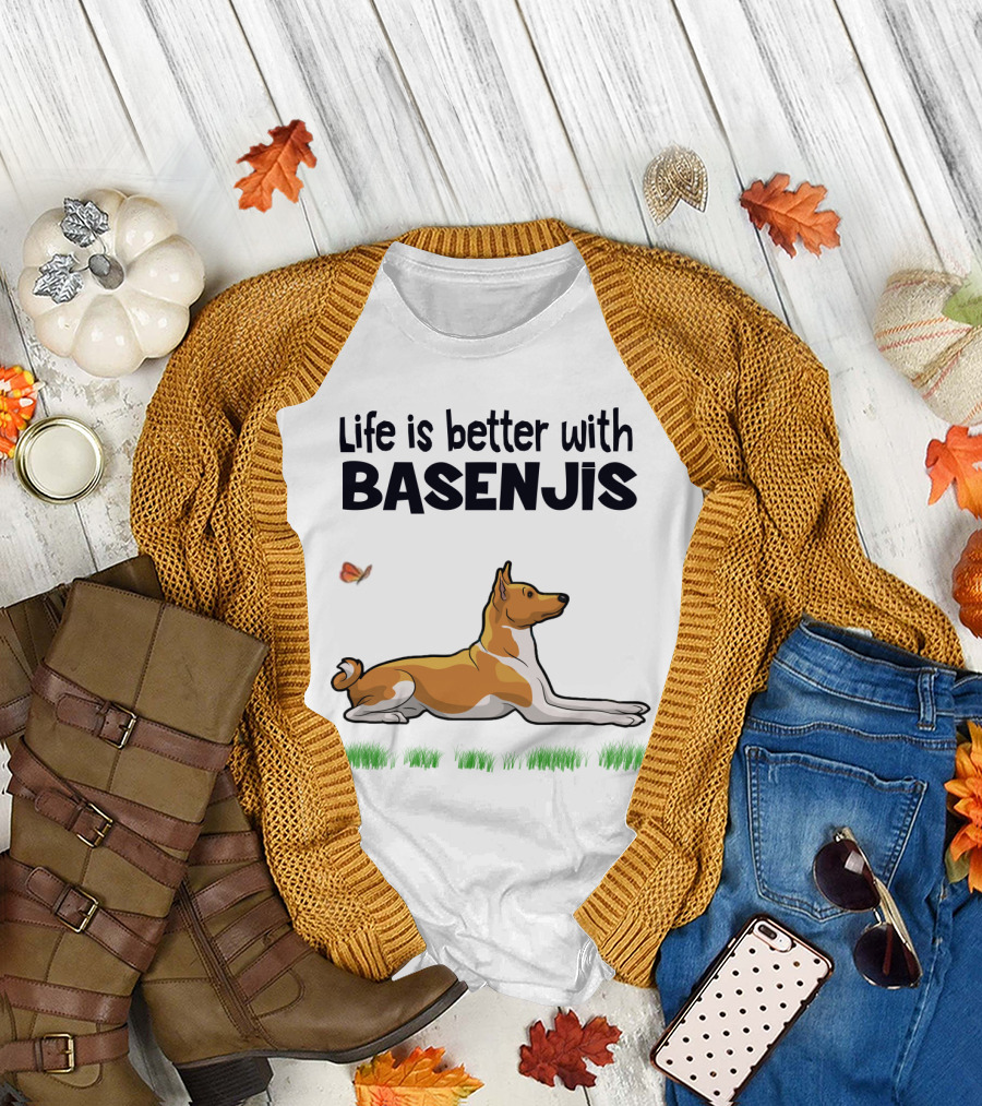 Life is Better with Basenjis Dog 70s Retro Style Laying on Grass with Butterfly T-Shirt