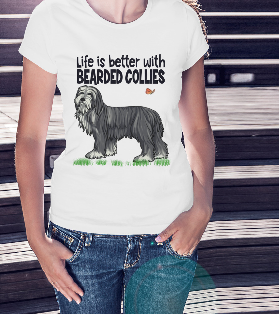 Life Is Better With Bearded Collies Illustration With Butterfly And Grass T-Shirt