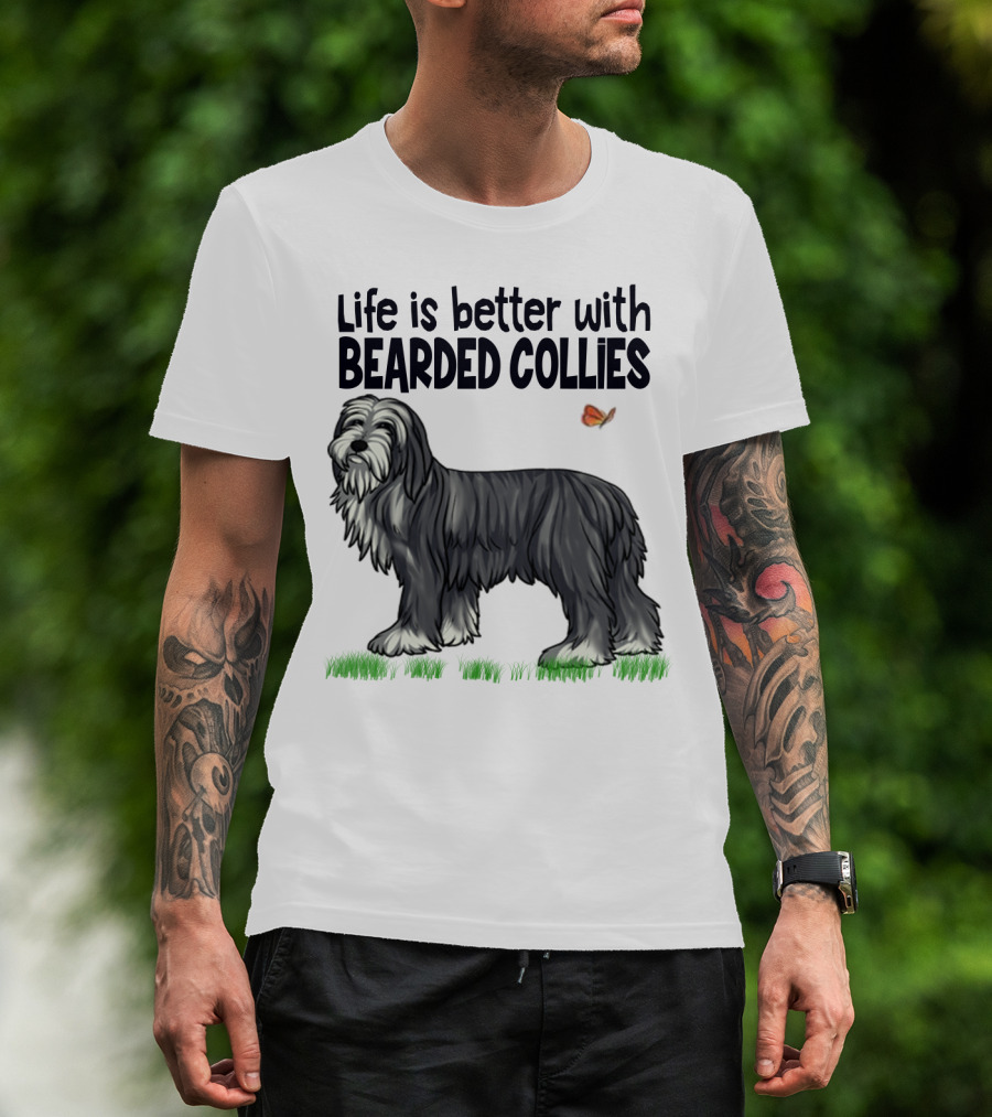 Life Is Better With Bearded Collies Illustration With Butterfly And Grass T-Shirt