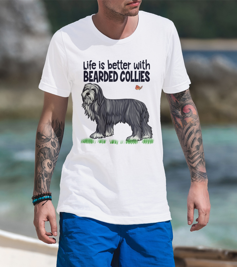 Life Is Better With Bearded Collies Illustration With Butterfly And Grass T-Shirt