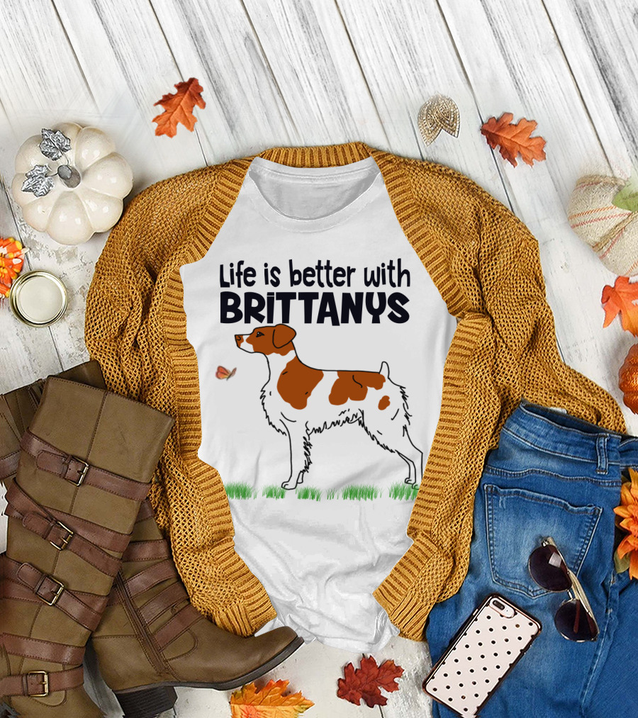 Life Is Better With Brittanys Illustrated by Dog and Butterfly on Grass T-Shirt