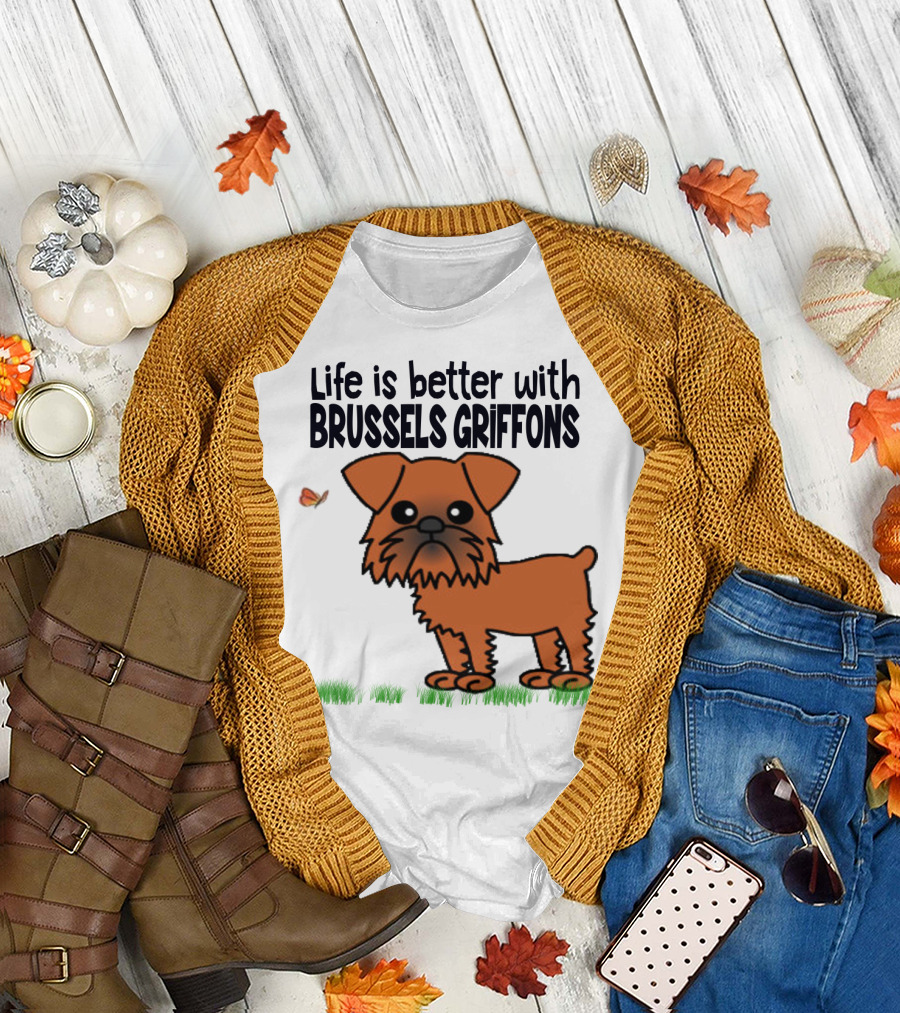 Life Is Better With Brussels Griffons Cartoon Dog and Butterfly T-Shirt