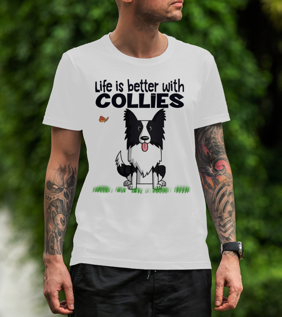 Life Is Better With Collies Cute Border Collie Illustration Butterfly And Grass T-Shirt