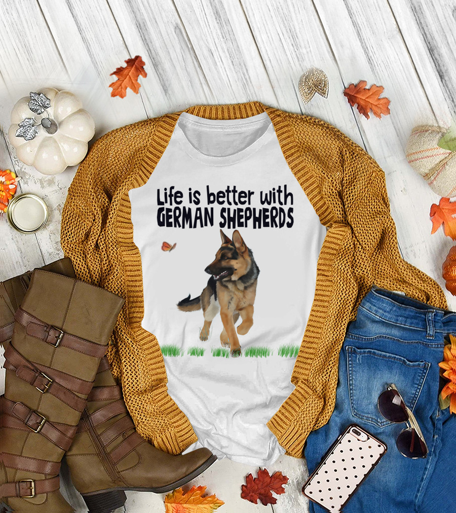 Life Is Better with German Shepherds and Butterflies in the Grass T-Shirt