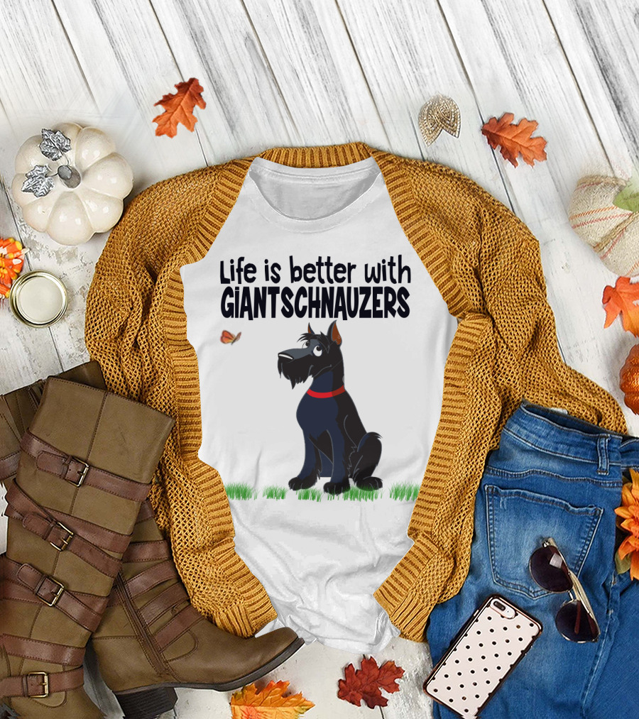 Life is Better with Giant Schnauzers Playful Cartoon Dog and Butterfly in Grass T-Shirt