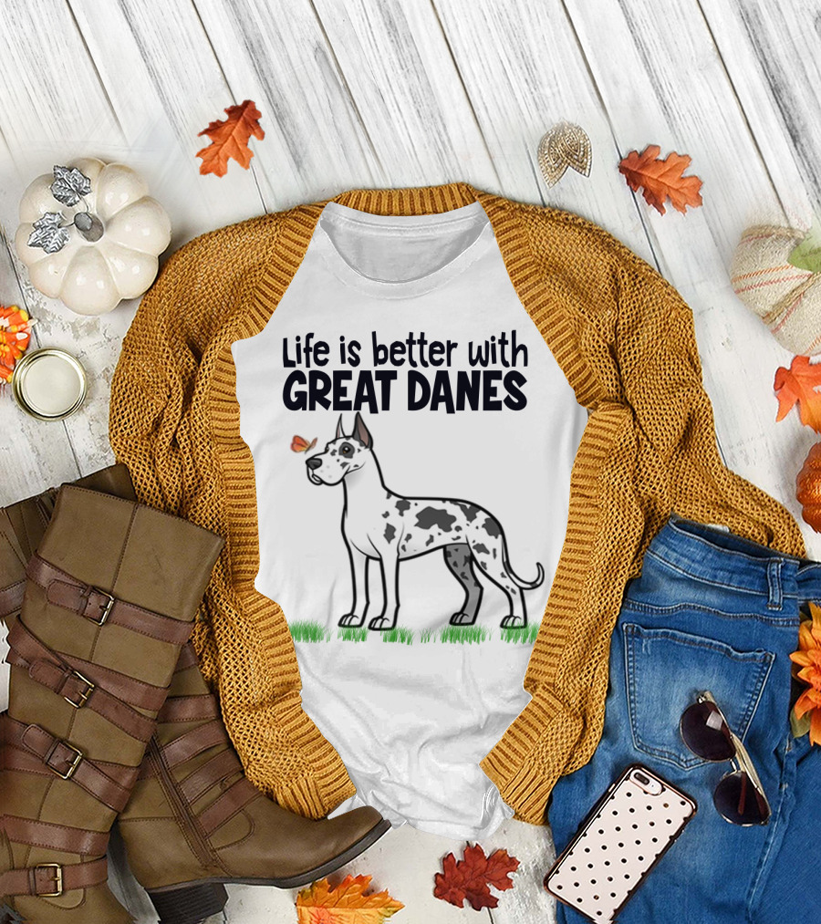 Life Is Better with Great Danes Illustrative Dog and Butterfly T-Shirt