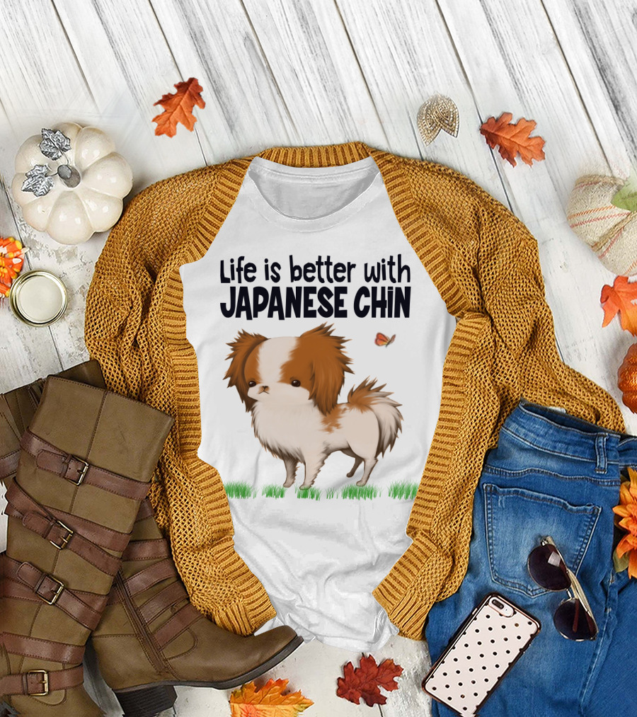 Life Is Better With My Japanese Chin Adorable Dog and Butterfly on Grass T-Shirt