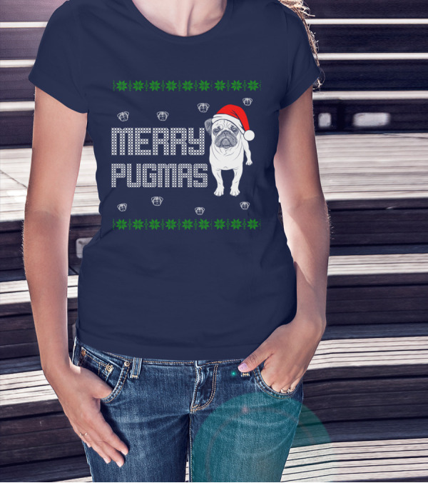 Merry Pugmas Festive Santa Hat Pug With Holiday Patterns And Green Poinsettias T-Shirt