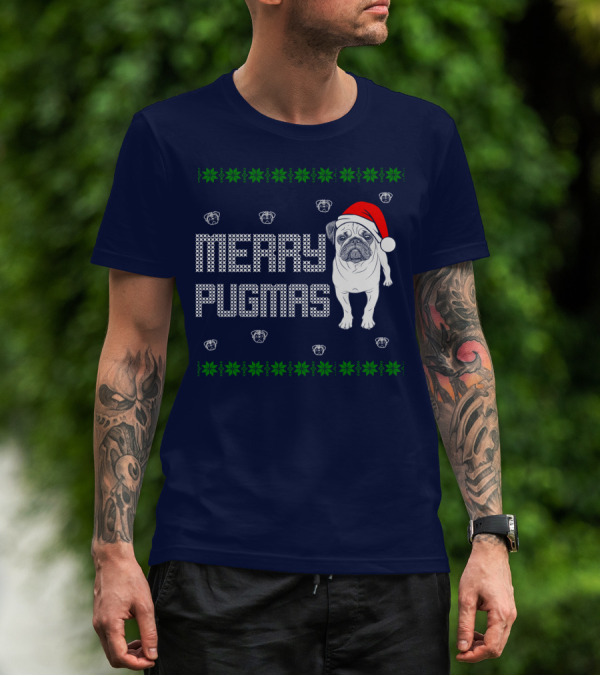 Merry Pugmas Festive Santa Hat Pug With Holiday Patterns And Green Poinsettias T-Shirt