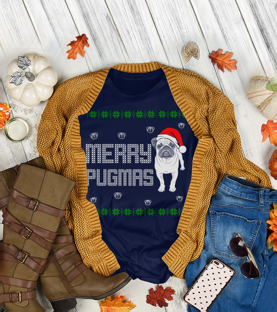 Merry Pugmas Festive Santa Hat Pug with Holiday Patterns and Green Poinsettias T-Shirt