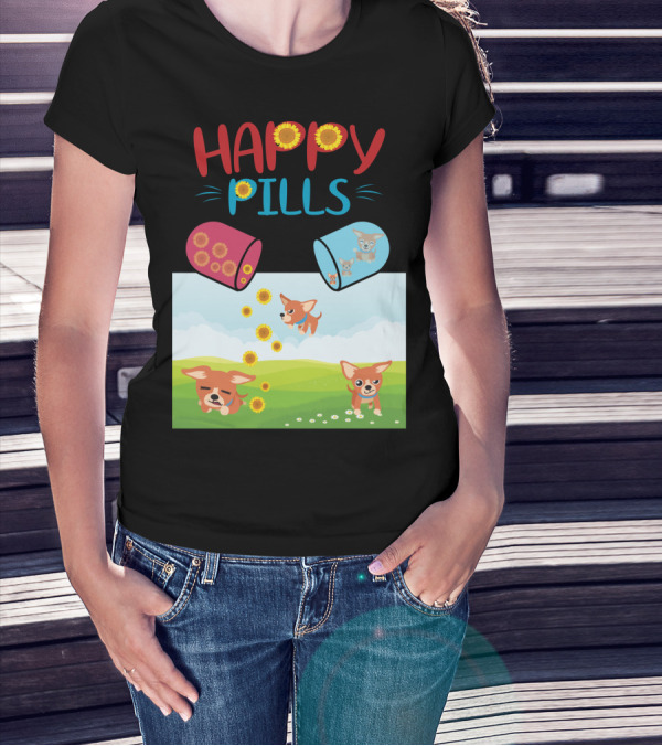Happy Pills Chihuahuas Playing With Sunflowers T-Shirt
