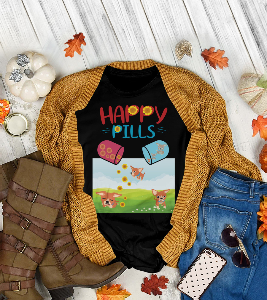Happy Pills Chihuahuas Playing with Sunflowers T-Shirt
