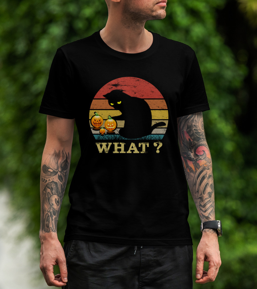 What? Funny Black Cat With Jack-o'-Lanterns Retro Halloween T-Shirt