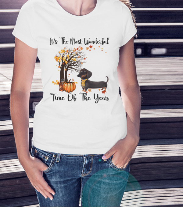 It's The Most Wonderful Time Of The Year Dachshund Halloween Pumpkin Autumn Leaves T-Shirt