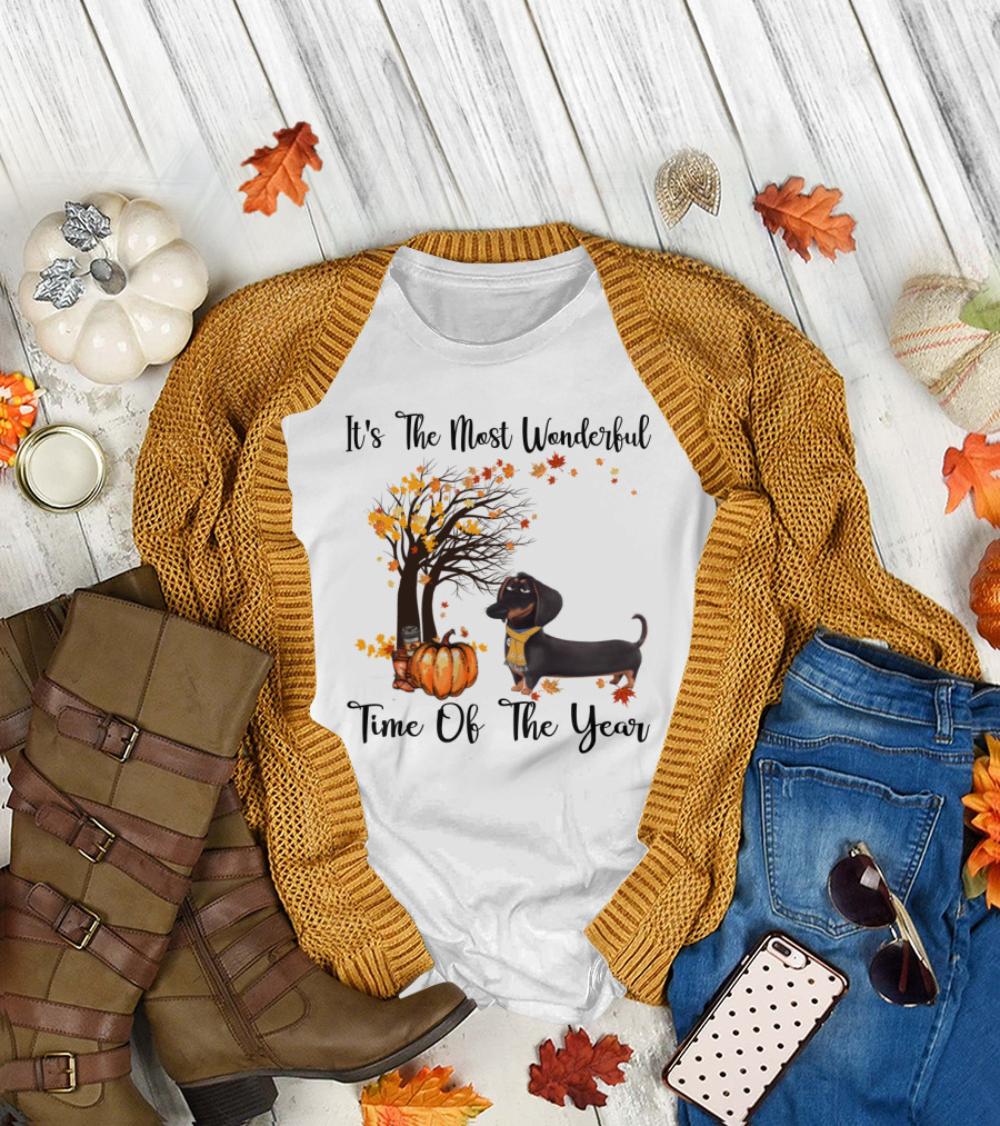 It's The Most Wonderful Time Of The Year Dachshund Halloween Pumpkin Autumn Leaves T-Shirt
