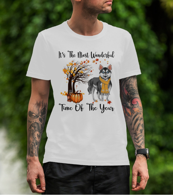 It's The Most Wonderful Time Of The Year Siberian Husky Fall Leaves Pumpkin Scarf Tree T-Shirt
