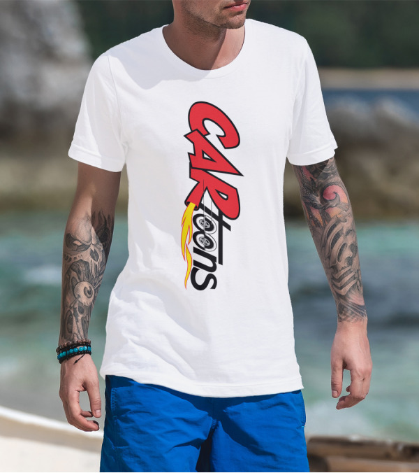 CARTOONS Red And Black Text With Flames And Wheel T-Shirt