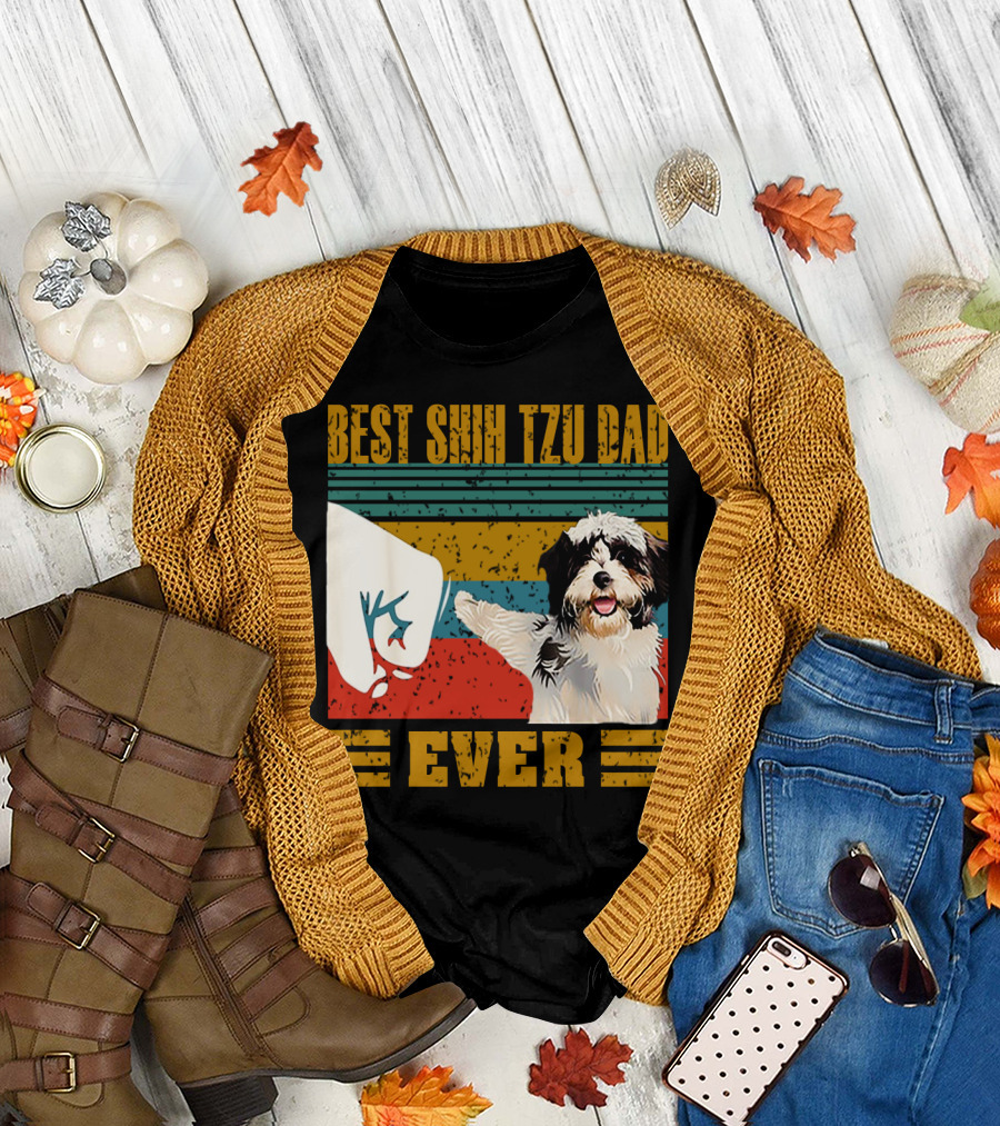 Best Shih Tzu Dad Ever Vintage Style Dog Paw Prints T-Shirt