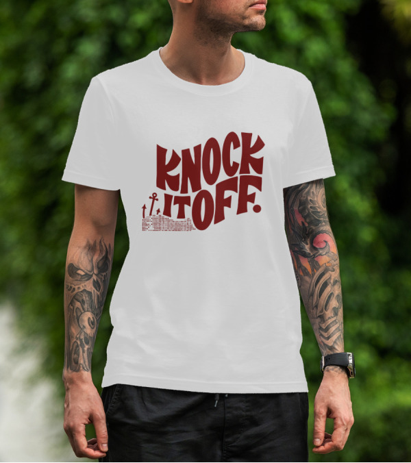 KNOCK IT OFF Lettering With Rising Arrow Figures T-Shirt