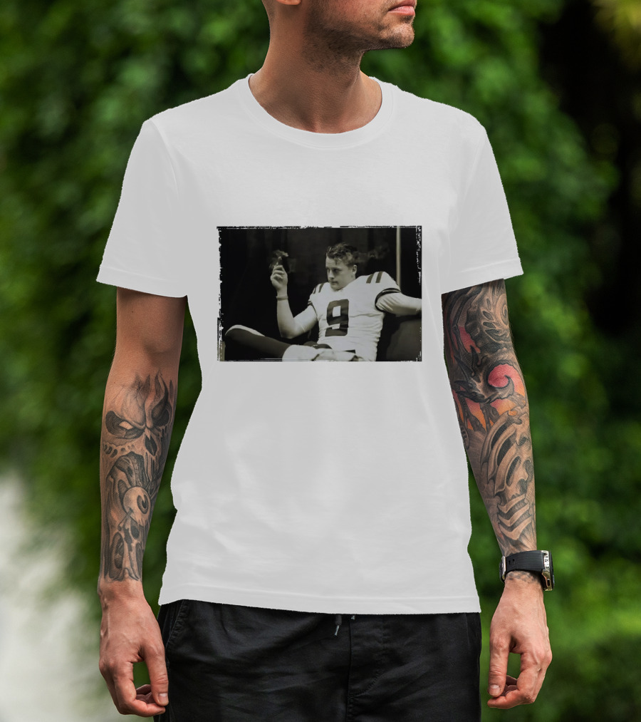 Smoking Joe Burrow Cigar Relaxing In Football Jersey Number 9 T-Shirt