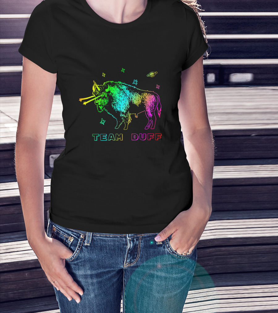 Team Duff Space Bison With Rainbow Laser Eyes And Stars T-Shirt