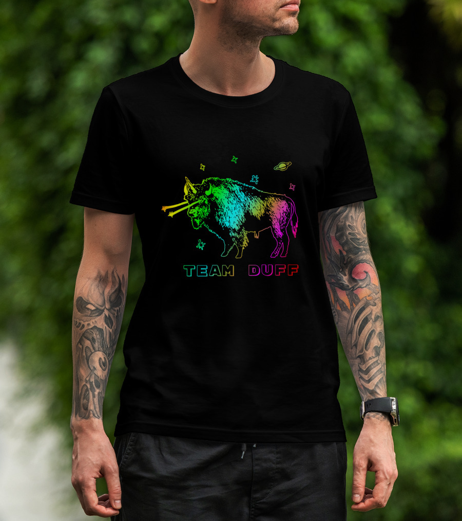 Team Duff Space Bison With Rainbow Laser Eyes And Stars T-Shirt
