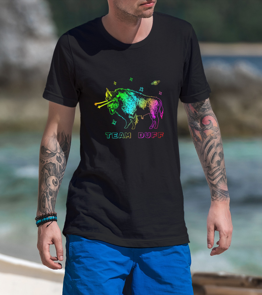 Team Duff Space Bison With Rainbow Laser Eyes And Stars T-Shirt