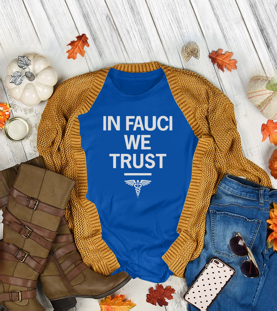 IN FAUCI WE TRUST Blue Caduceus Emblem T-Shirt