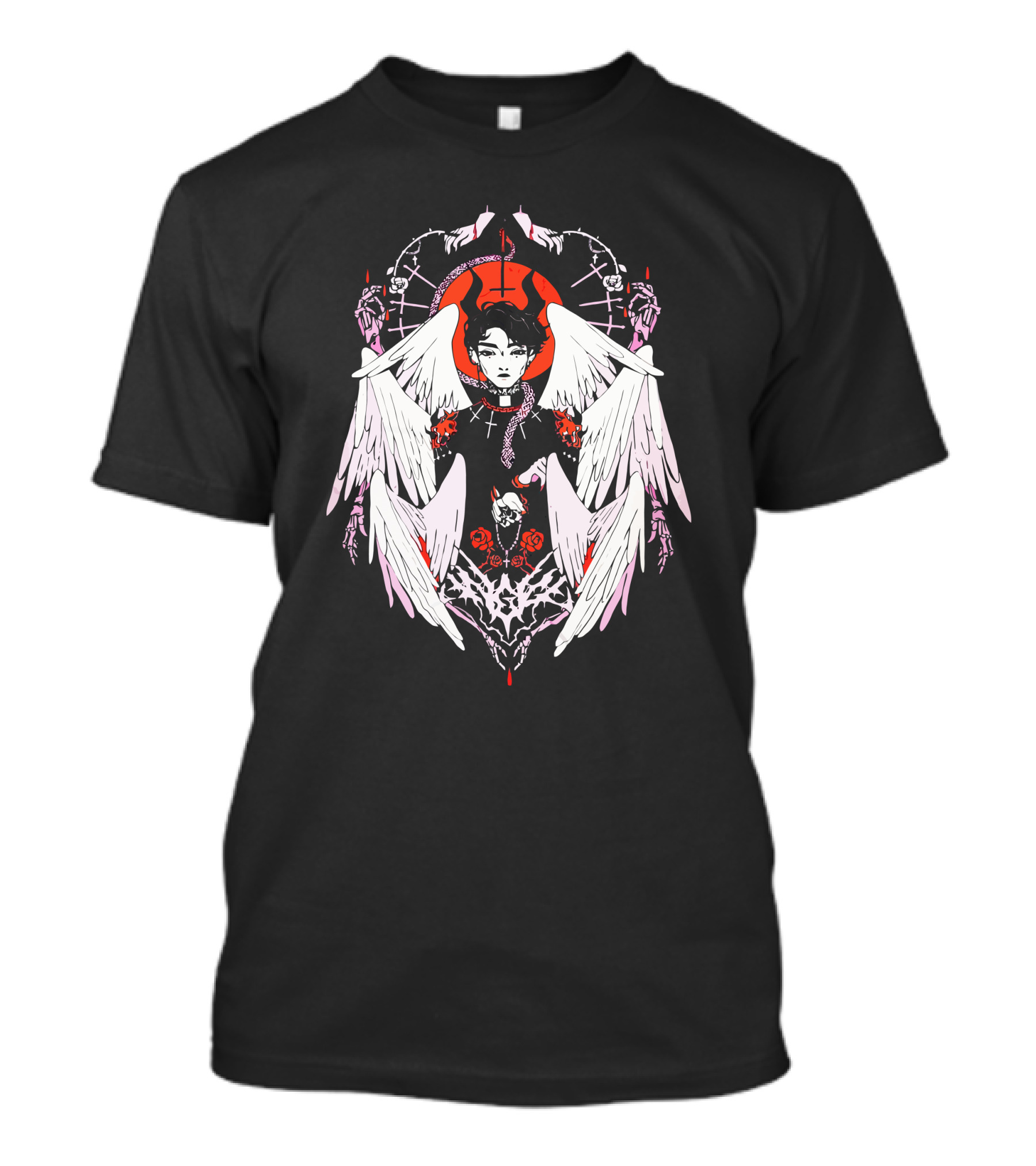 W6rst Merch Gothic Angel Wings Broken Heart Roses Snakes Clergy Collar T-Shirt