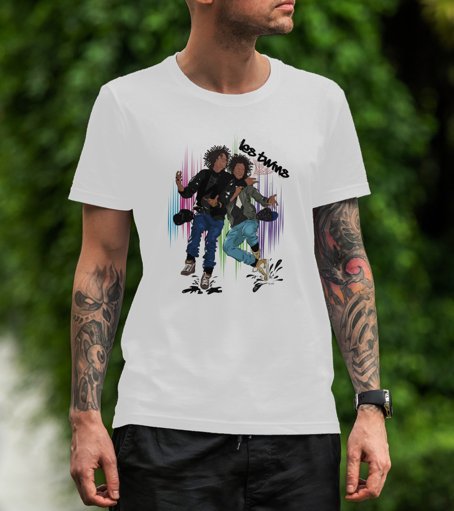 Los Twins Dancing Pose With Colorful Stripes T-Shirt
