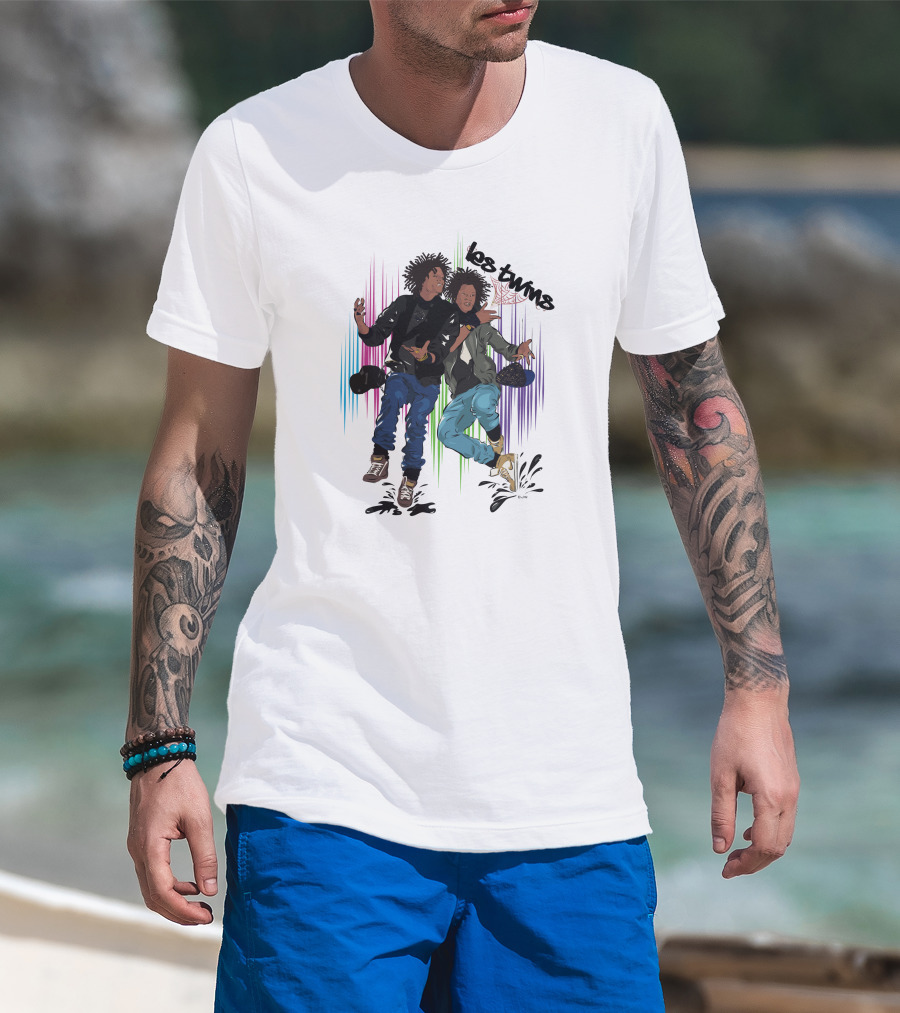Los Twins Dancing Pose With Colorful Stripes T-Shirt