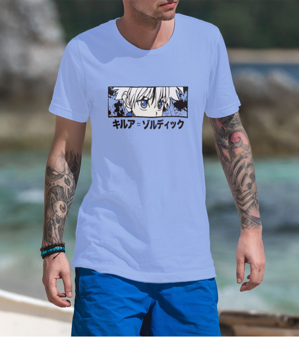 Killua Zoldyck Anime Portrait Blue Eyes Japanese Text Zumiez T-Shirt
