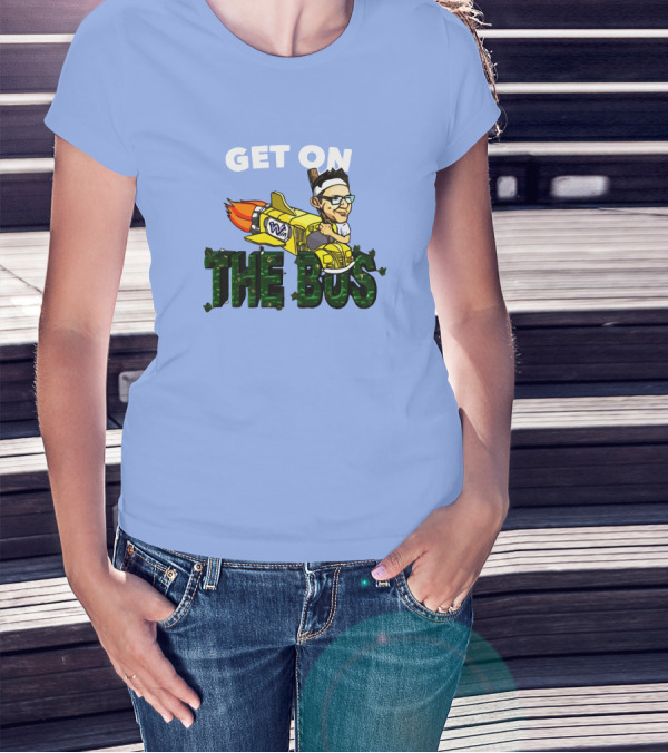 GET ON THE BUS Rocket Cartoon Character With Headband And Glasses T-Shirt