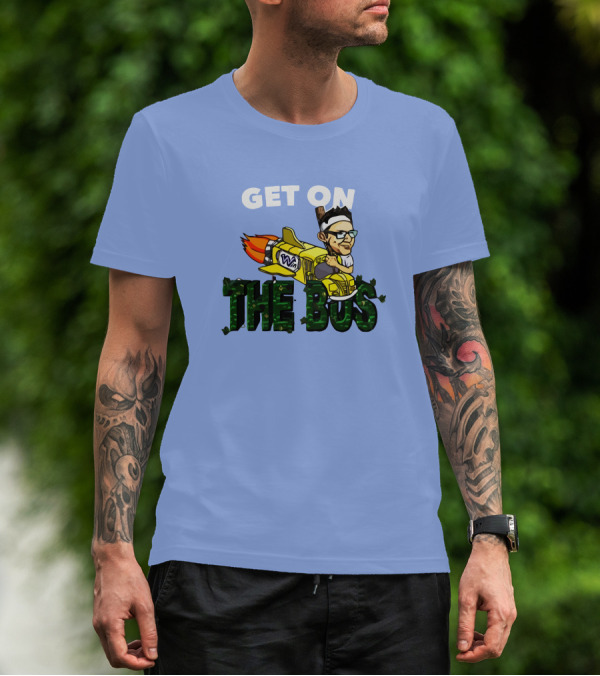 GET ON THE BUS Rocket Cartoon Character With Headband And Glasses T-Shirt