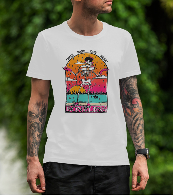 Stay Safe Out Here Boneless Sunset Skeleton Surfer T-Shirt