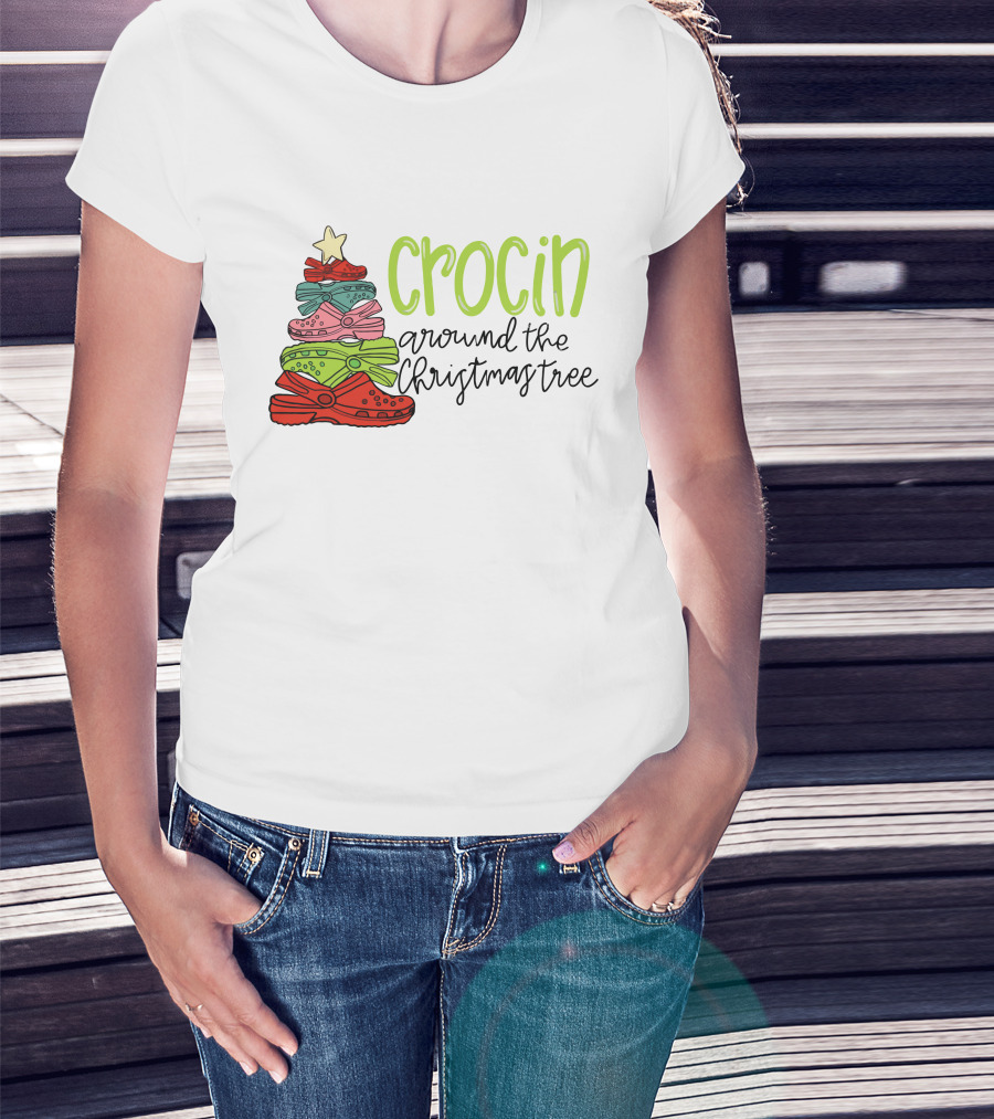 Crocin Around The Christmas Tree Stack Of Festive Shoes With Star T-Shirt