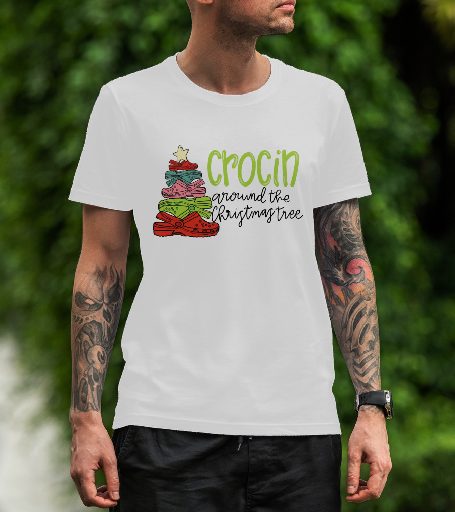 Crocin Around The Christmas Tree Stack Of Festive Shoes With Star T-Shirt