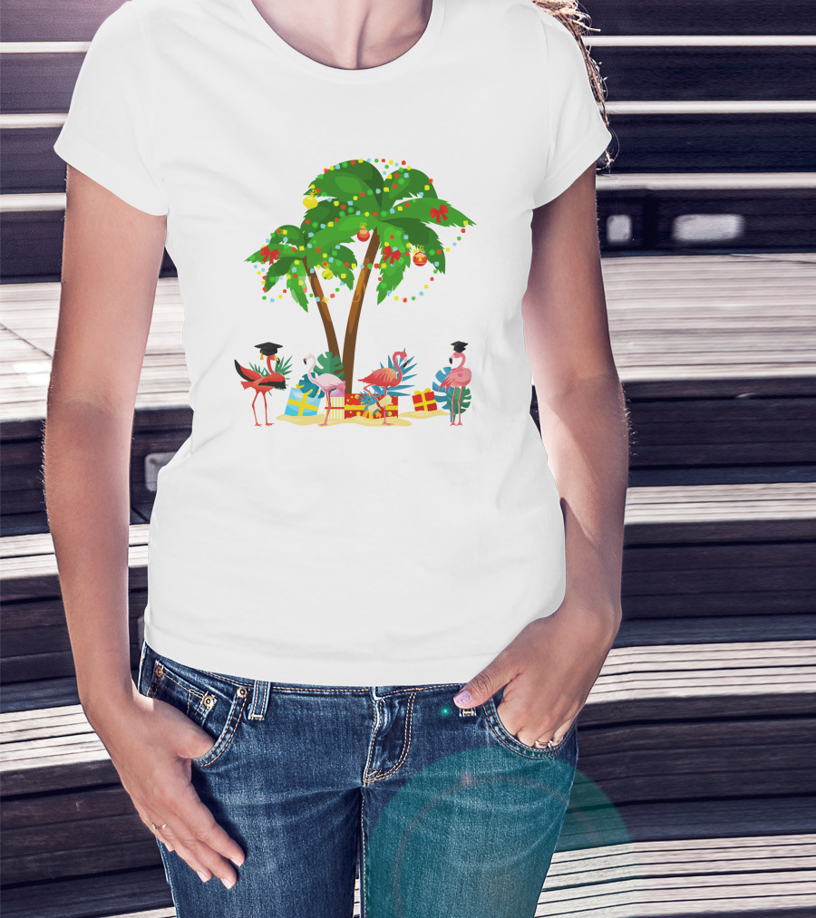 Tropical Christmas Flamingos Under Palm Tree With Gifts T-Shirt