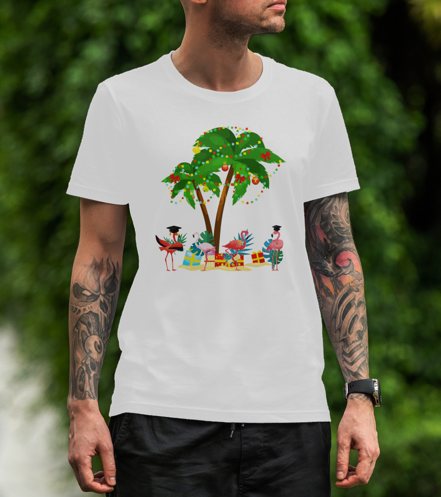 Tropical Christmas Flamingos Under Palm Tree With Gifts T-Shirt