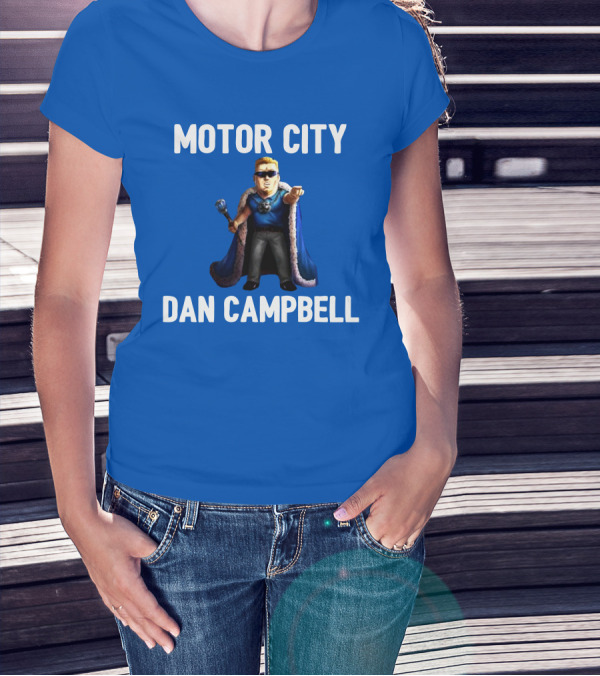 Motor City Dan Campbell Iconic Blue Cape And Scepter Character Representation T-Shirt