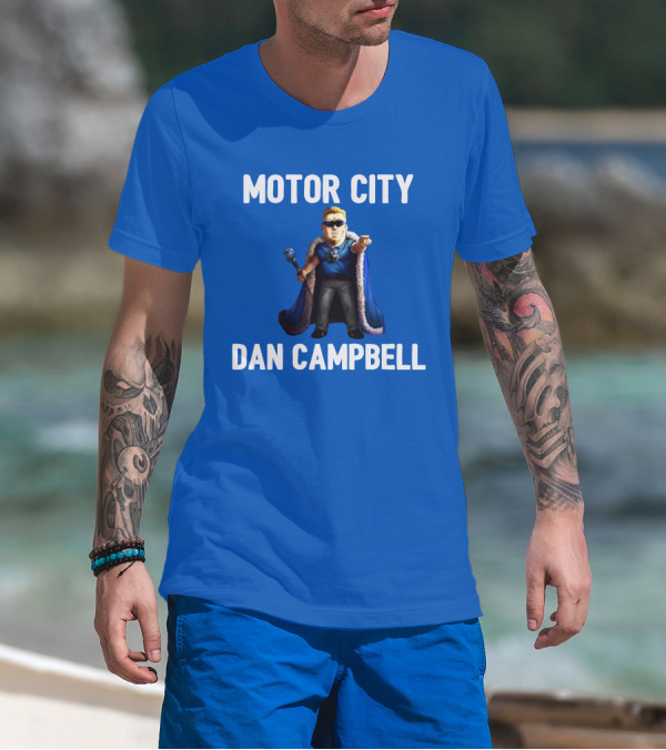 Motor City Dan Campbell Iconic Blue Cape And Scepter Character Representation T-Shirt