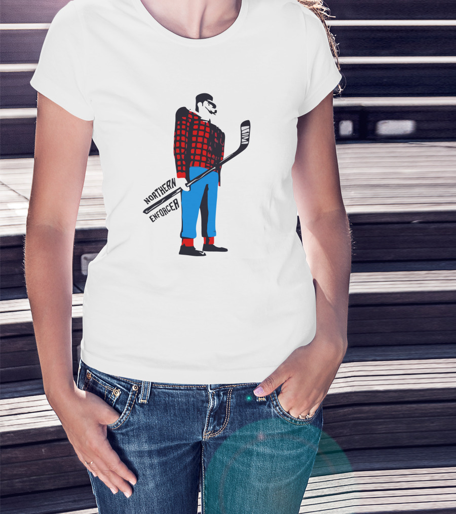 Northern Enforcer Hockey Plaid Lumberjack Player With Stick T-Shirt