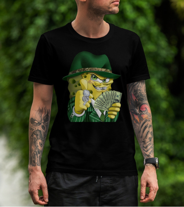 SpongeBob Gangster Style In Green Suit And Hat With Money And Diamonds T-Shirt