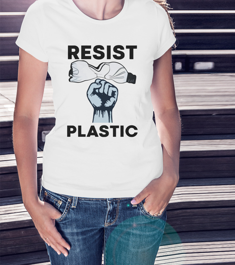 RESIST PLASTIC Raised Fist Crushing Bottle T-Shirt