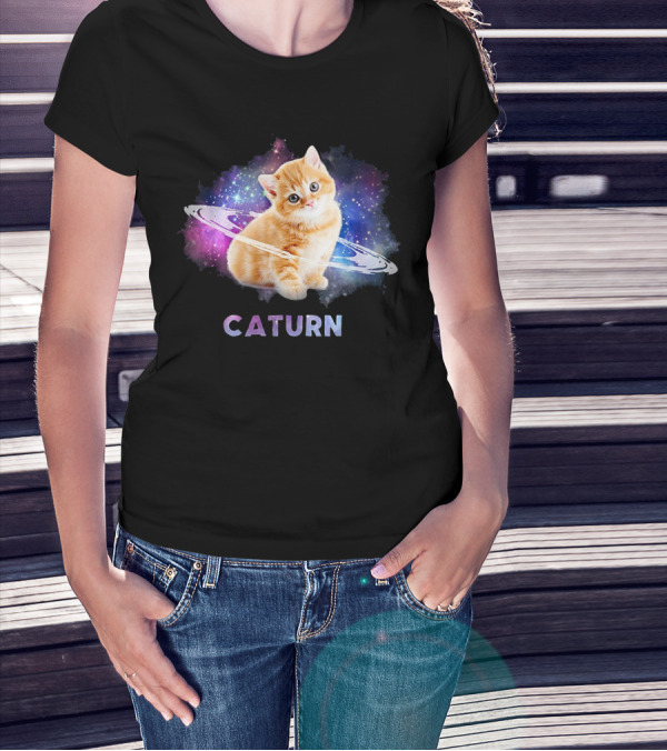 Cat In Space Caturn Saturn Randball Kitten In Cosmic Rings T-Shirt